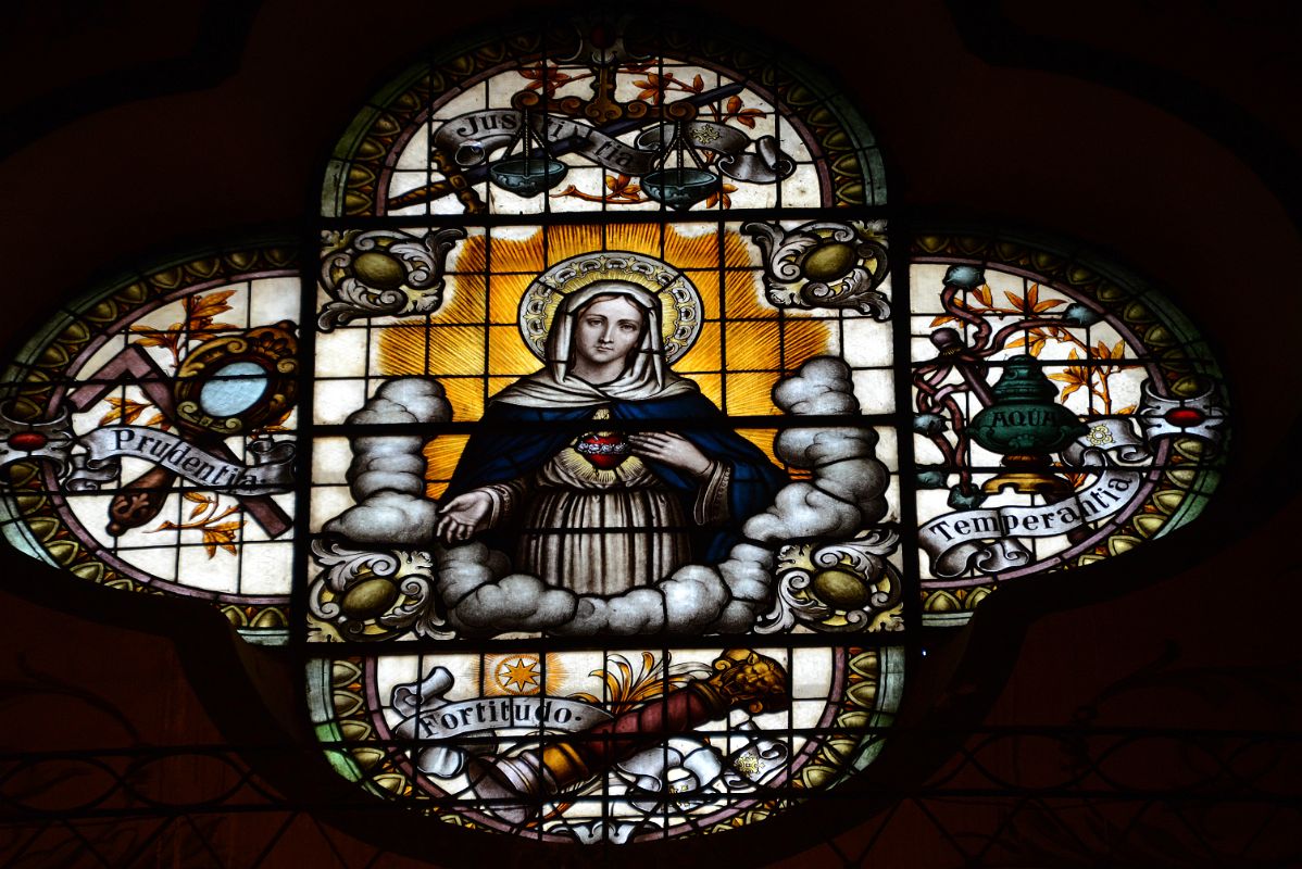 41 Stained Glass Image Of Virgin Mary With Justice, Prudence, Fortitude, Temperance In Salta Cathedral